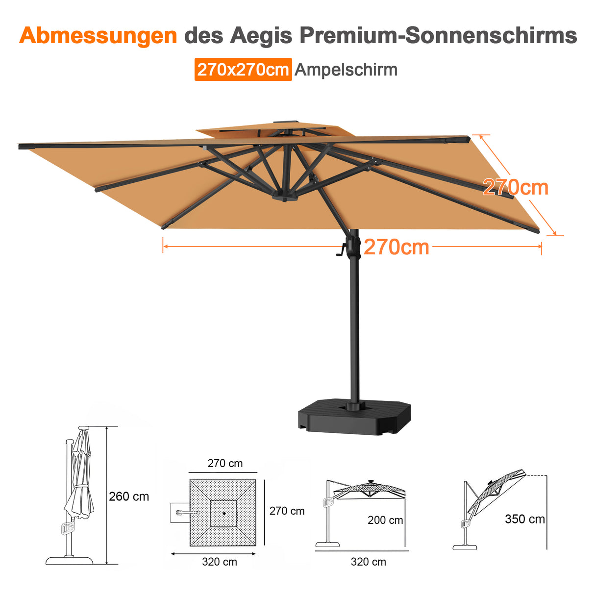 Patioslife Aegis Pro Ampelschirm -moderner Sonnenschirm mit Kreuzfuß und verstärktem Aluminiumgestell für Garten und Terrasse.