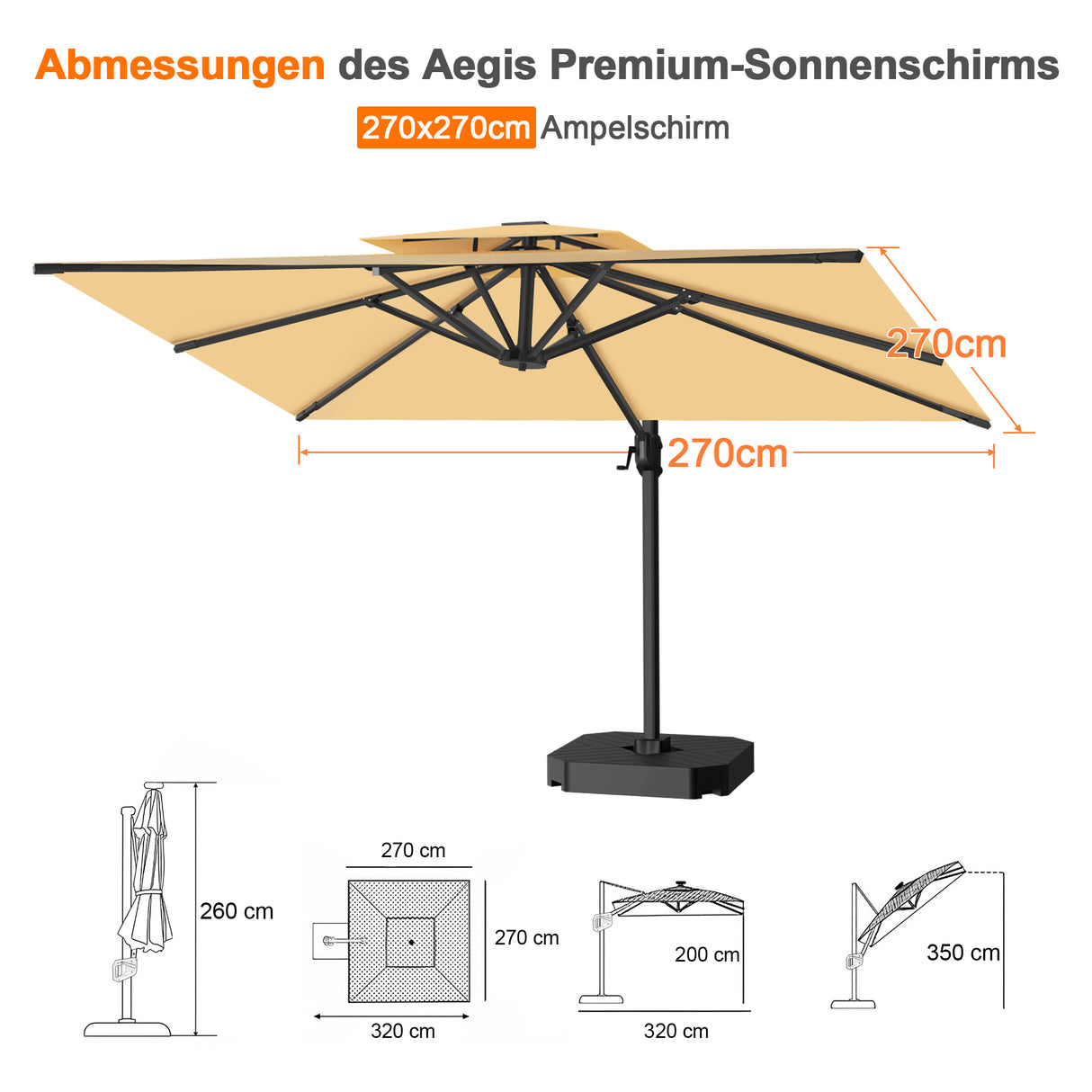 Patioslife Aegis Pro Ampelschirm -moderner Sonnenschirm mit Kreuzfuß und verstärktem