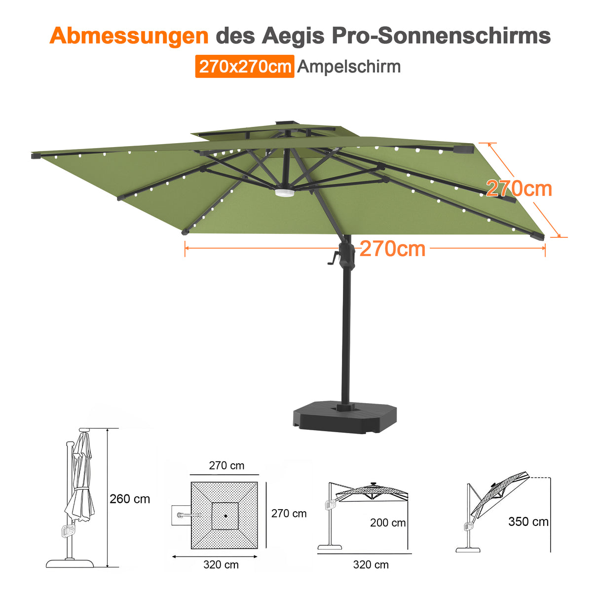 Patioslife Aegis Pro Ampelschirm mit LED-Beleuchtung – verstärkte, pulverbeschichtete Aluminiumkonstruktion für Garten und Terrasse