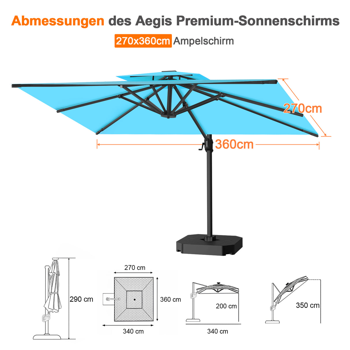 Patioslife Aegis Pro Ampelschirm -moderner Sonnenschirm mit Kreuzfuß und verstärktem Aluminiumgestell für Garten und Terrasse.