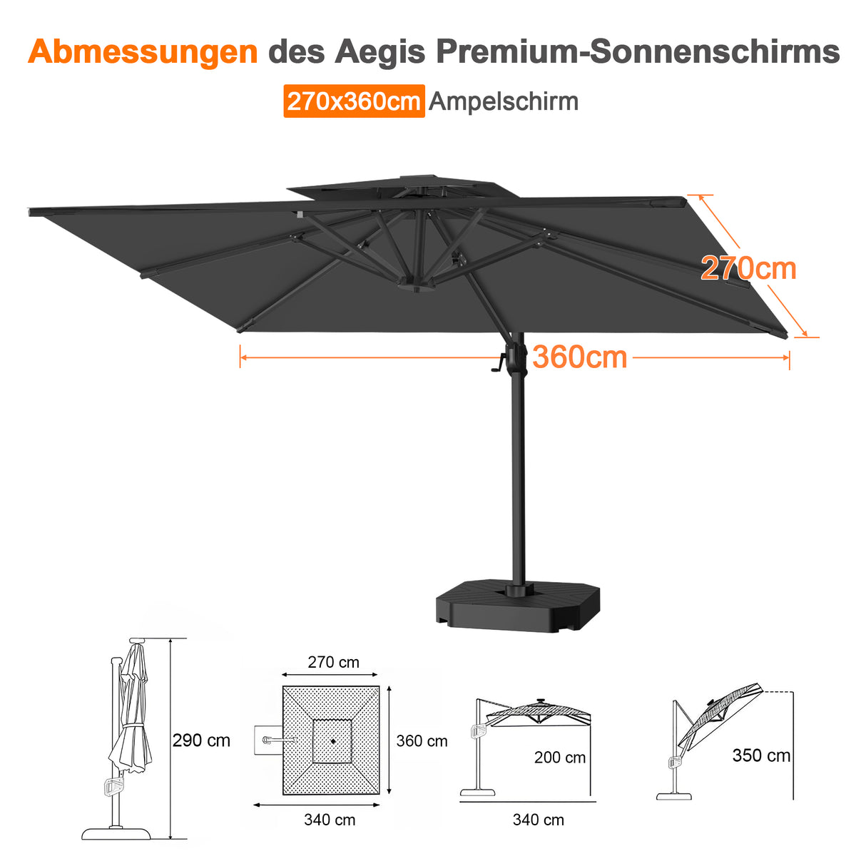 Patioslife Aegis Pro Ampelschirm -moderner Sonnenschirm mit Kreuzfuß und verstärktem Aluminiumgestell für Garten und Terrasse.
