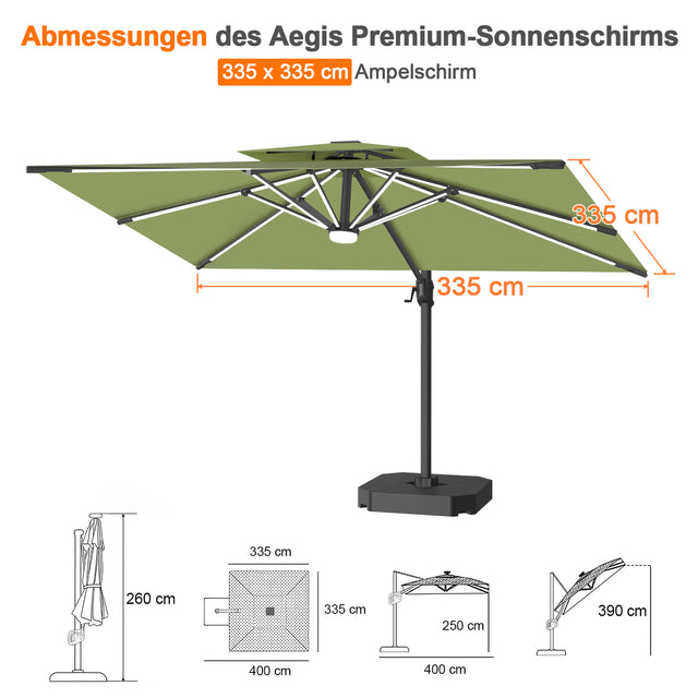 Patioslife Aegis Premium Ampelschirm mit integrierter LED-Beleuchtung, Fiberglasstreben, pulverbeschichtetem Aluminiumgestell und Schutzhülle