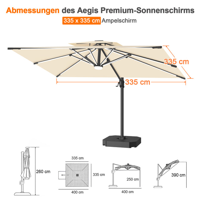 Patioslife Aegis Premium Ampelschirm mit integrierter LED-Beleuchtung, Fiberglasstreben, pulverbeschichtetem Aluminiumgestell und Schutzhülle