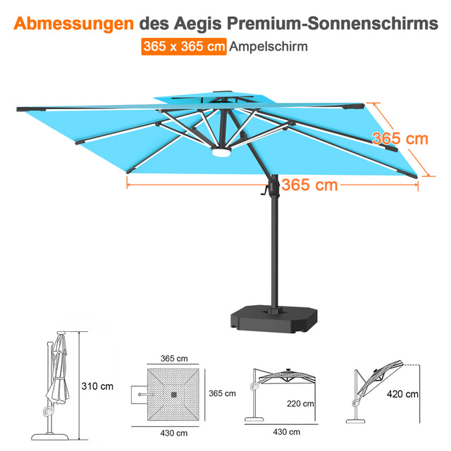 Patioslife Aegis Premium Ampelschirm mit integrierter LED-Beleuchtung, Fiberglasstreben, pulverbeschichtetem Aluminiumgestell und Schutzhülle