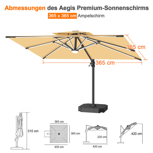 Patioslife Aegis Premium Ampelschirm mit integrierter LED-Beleuchtung, Fiberglasstreben, pulverbeschichtetem Aluminiumgestell und Schutzhülle