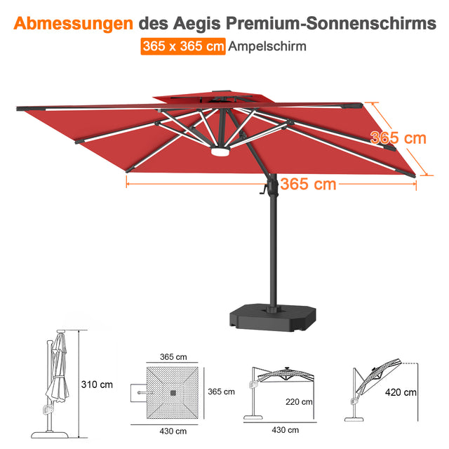 Patioslife Aegis Premium Ampelschirm mit integrierter LED-Beleuchtung, Fiberglasstreben, pulverbeschichtetem Aluminiumgestell und Schutzhülle