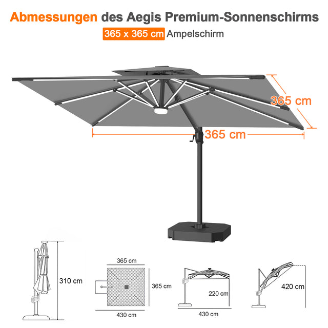 Patioslife Aegis Premium Ampelschirm mit integrierter LED-Beleuchtung, Fiberglasstreben, pulverbeschichtetem Aluminiumgestell und Schutzhülle