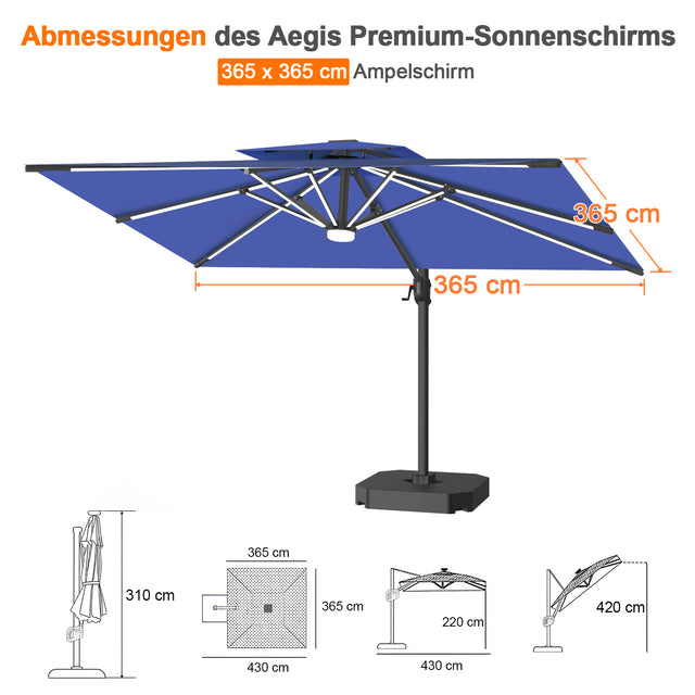 Patioslife Aegis Premium Ampelschirm mit integrierter LED-Beleuchtung, Fiberglasstreben, pulverbeschichtetem Aluminiumgestell und Schutzhülle