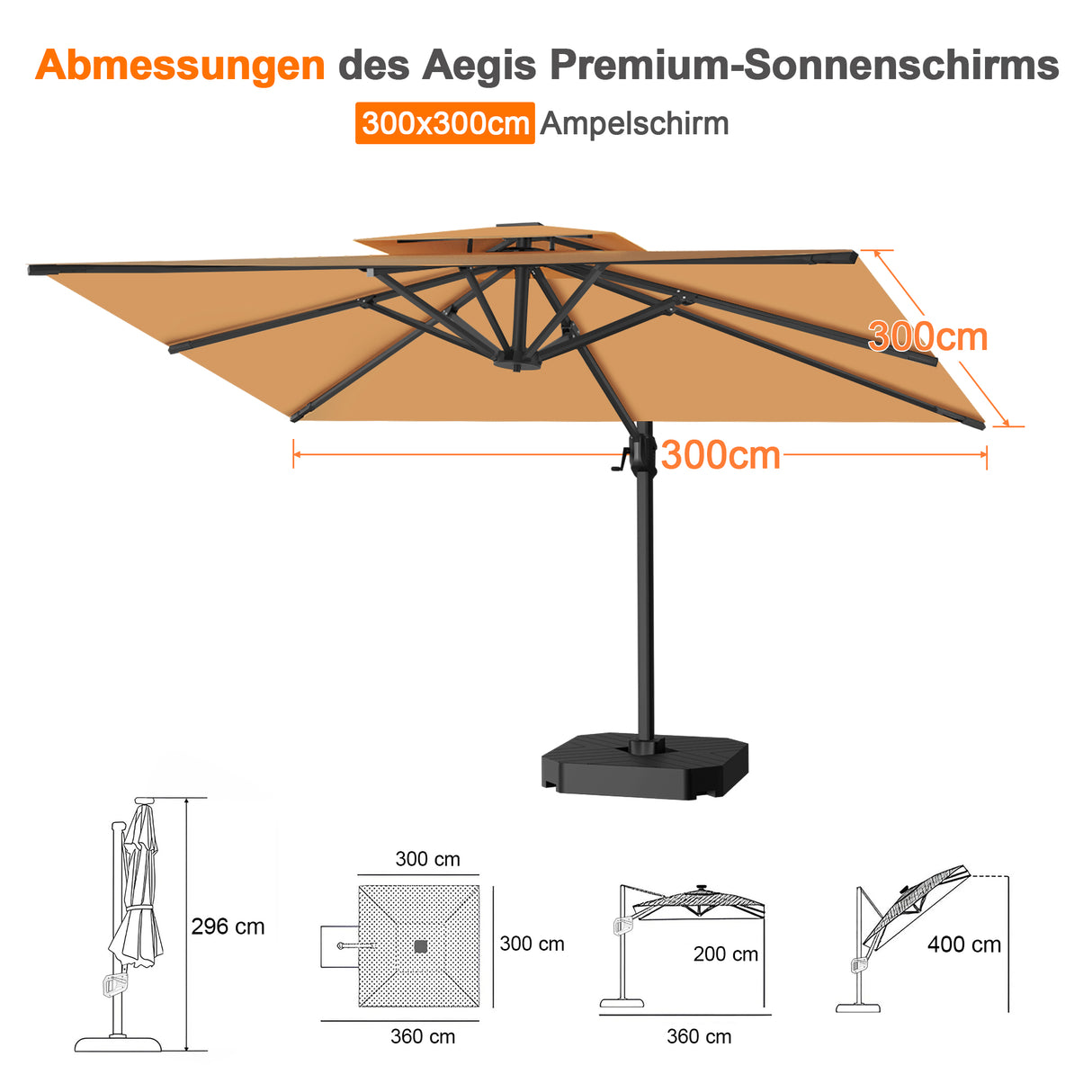 Patioslife Aegis Pro Ampelschirm -moderner Sonnenschirm mit Kreuzfuß und verstärktem Aluminiumgestell für Garten und Terrasse.