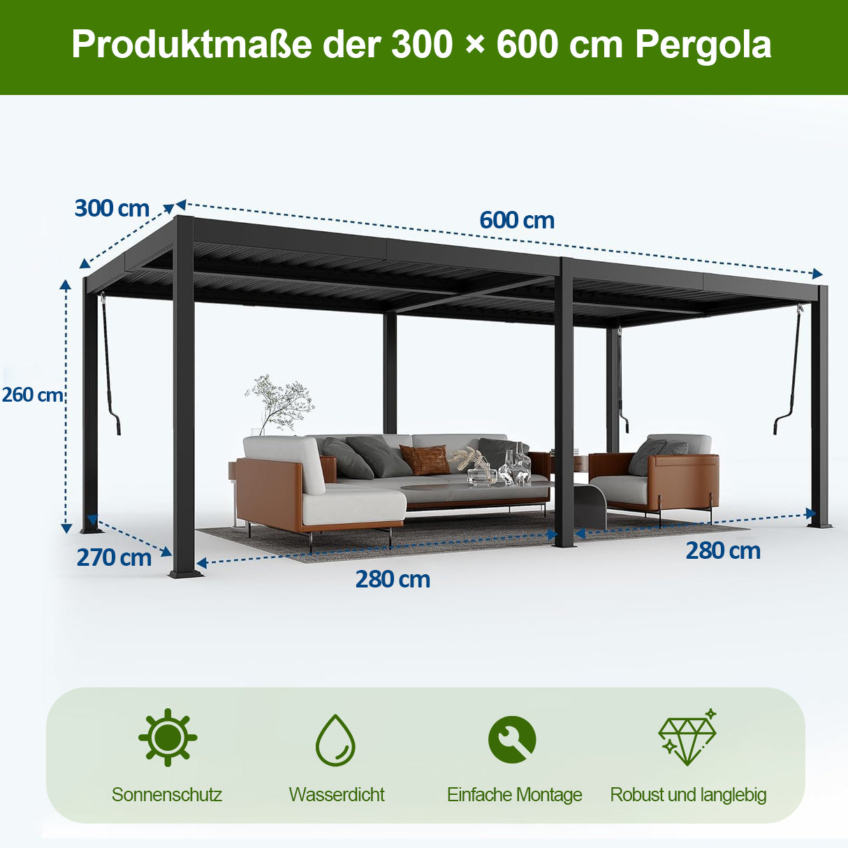 Patioslife Atlantic™ Aluminium-Lamellenpergola – freistehende Pergola mit verstellbarem Lamellendach