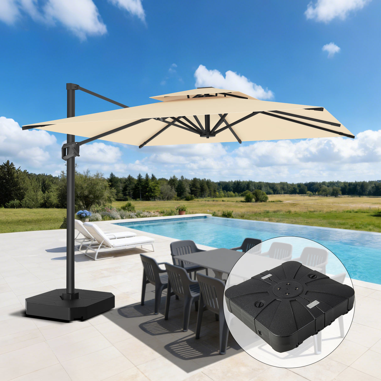 Patioslife Aegis Pro Ampelschirm -moderner Sonnenschirm mit Kreuzfuß und verstärktem Aluminiumgestell für Garten und Terrasse.