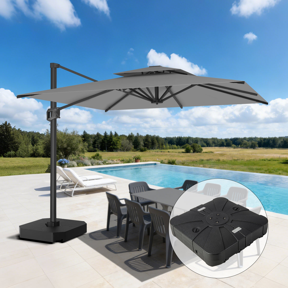 Patioslife Aegis Pro Ampelschirm -moderner Sonnenschirm mit Kreuzfuß und verstärktem Aluminiumgestell für Garten und Terrasse.