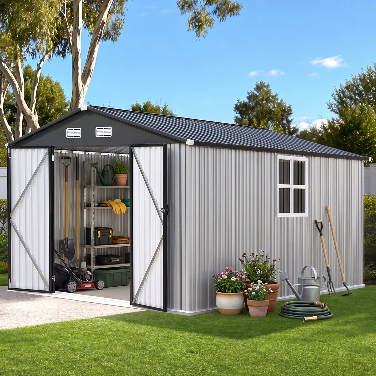 Patioslife YardVault Pro Gerätehaus Metall mit Fenster und abschließbarer Tür – aus verzinktem Stahl, rostgeschützt, extra stabil