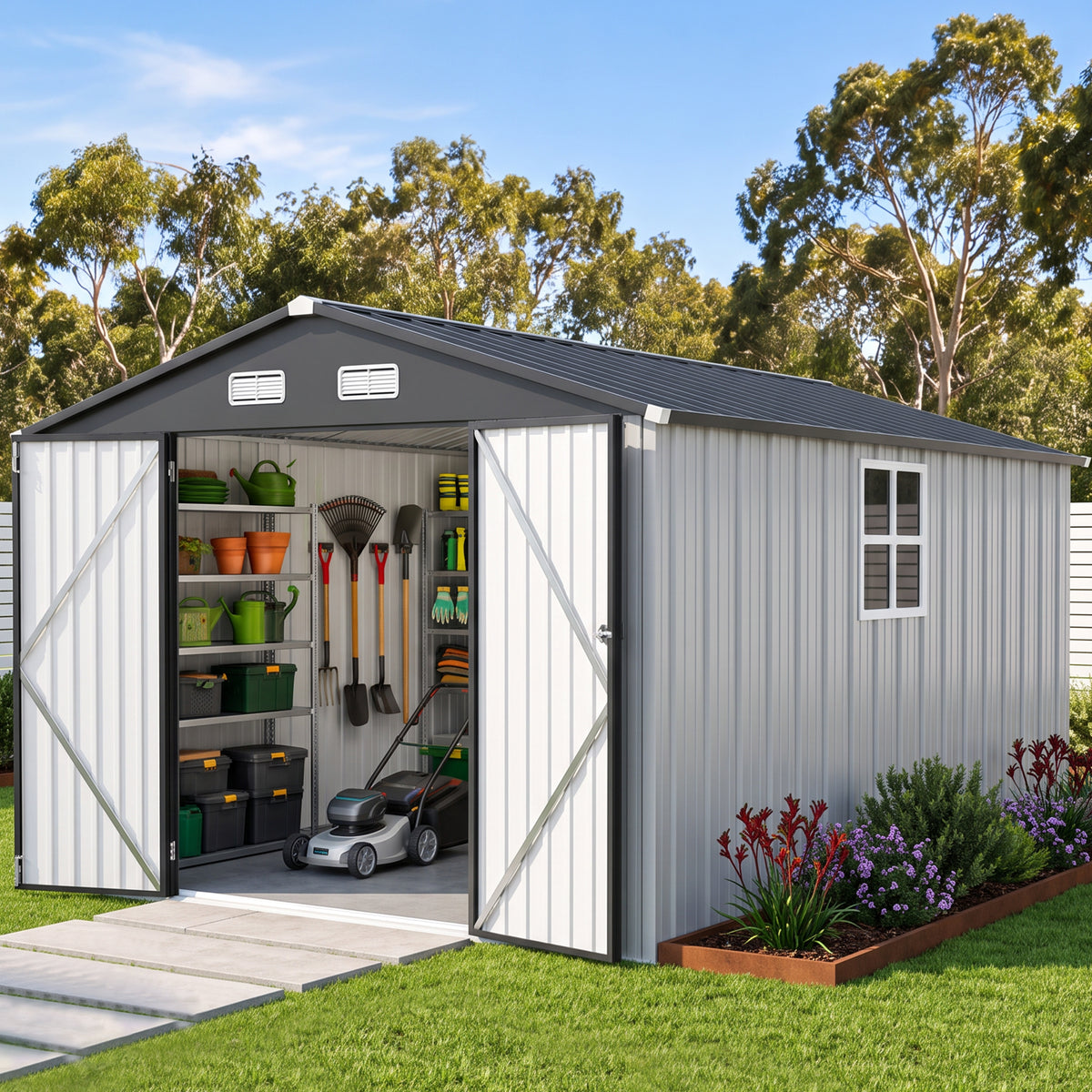 Patioslife YardVault Pro Gerätehaus Metall mit Fenster und abschließbarer Tür – aus verzinktem Stahl, rostgeschützt, extra stabil