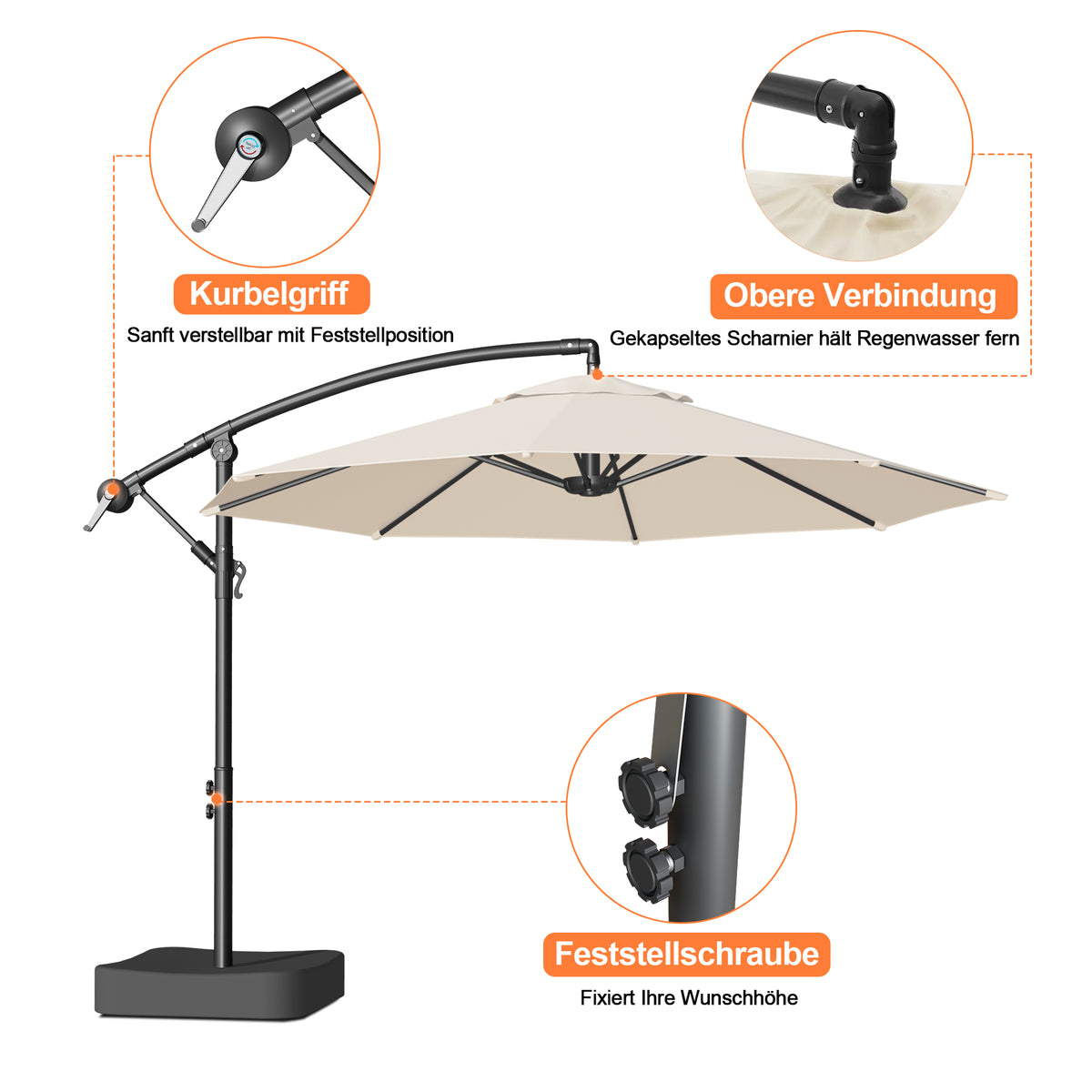 Patioslife Ampelschirm 3,0 m mit Standfuß – Stabiler Premium-Sonnenschirm für Terrasse, Garten & Lounge