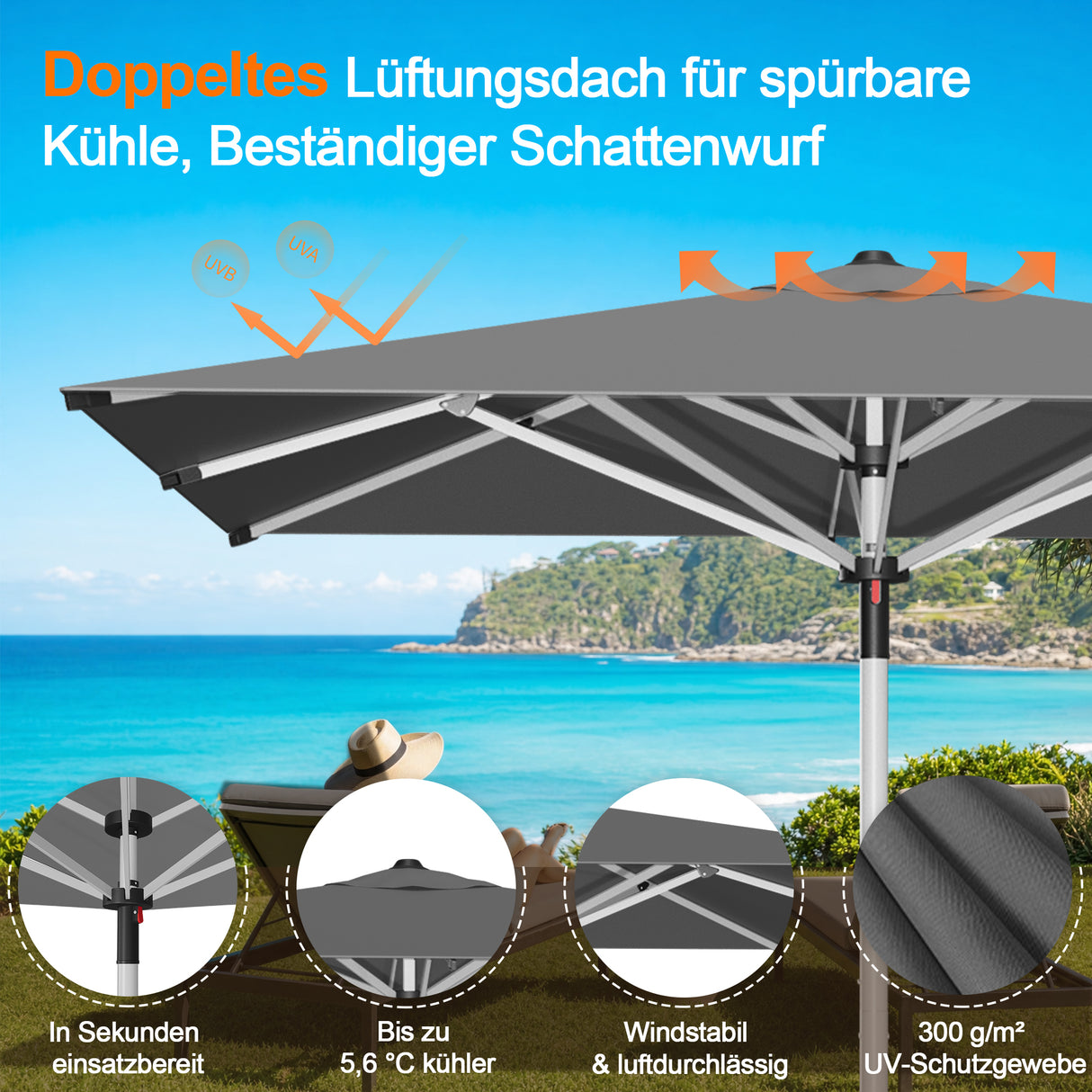Patioslife Sonnenschirm – quadratisch & rund | Robuster Aluminiummast, doppelt belüftetes Schirmdach | 2,7 m, 3 m & 3,35 m
