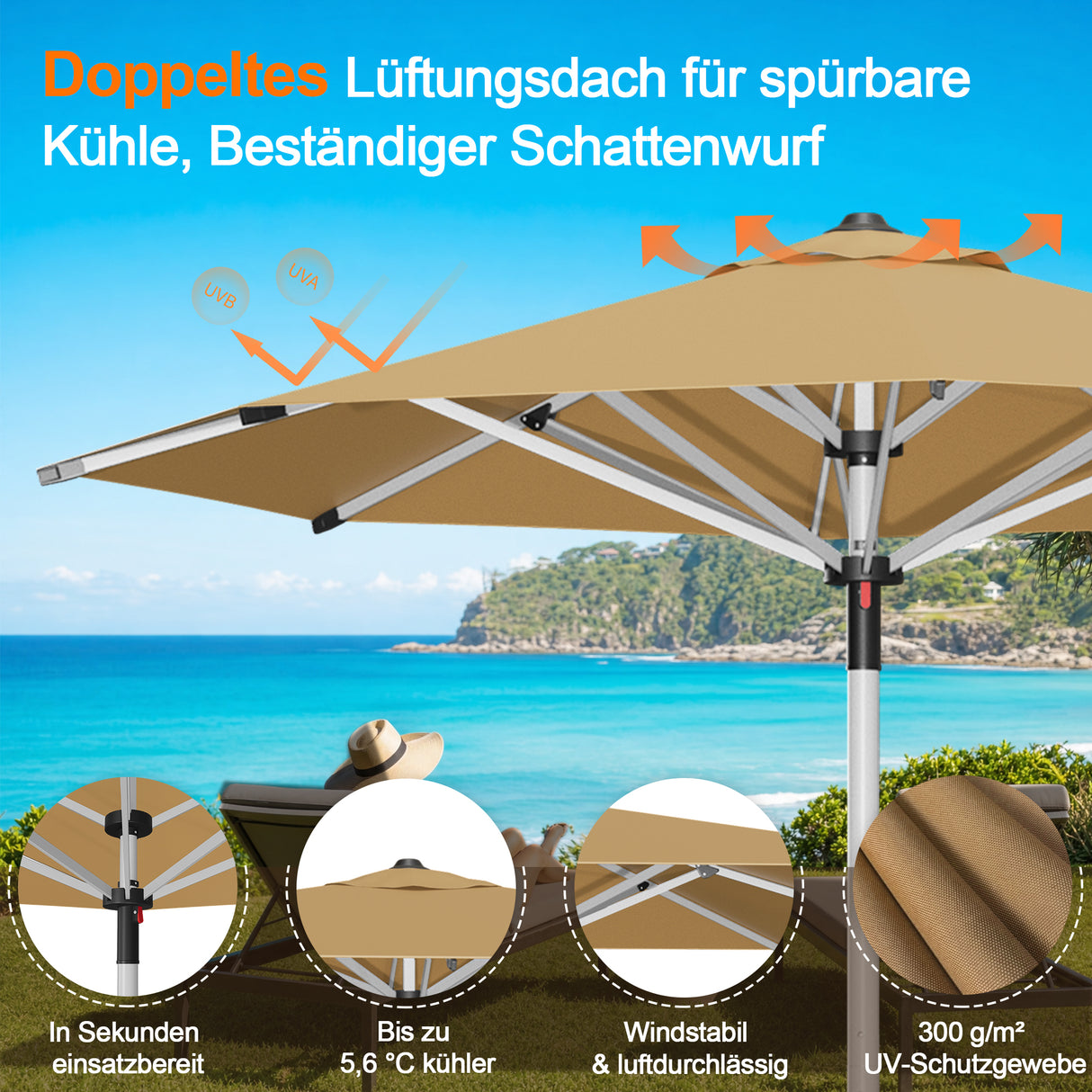 Patioslife Sonnenschirm – quadratisch & rund | Robuster Aluminiummast, doppelt belüftetes Schirmdach | 2,7 m, 3 m & 3,35 m