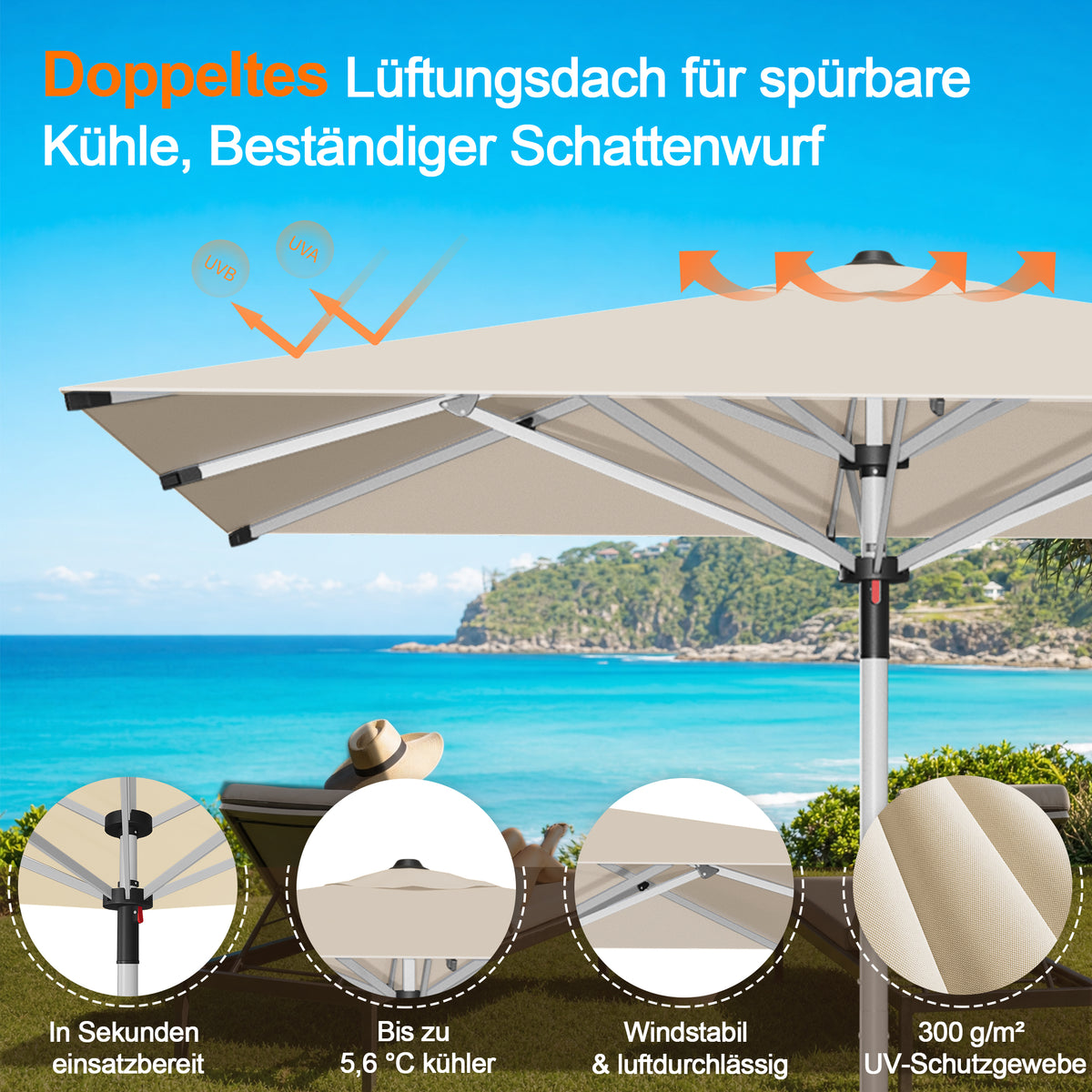 Patioslife Sonnenschirm – quadratisch & rund | Robuster Aluminiummast, doppelt belüftetes Schirmdach | 2,7 m, 3 m & 3,35 m