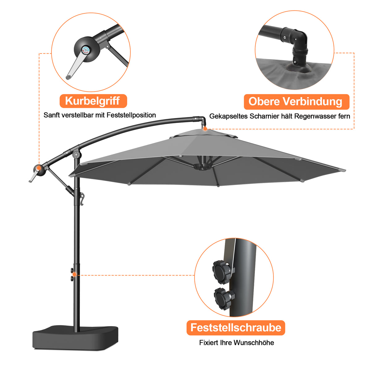 Patioslife Ampelschirm 3,0 m mit Standfuß – Stabiler Premium-Sonnenschirm für Terrasse, Garten & Lounge