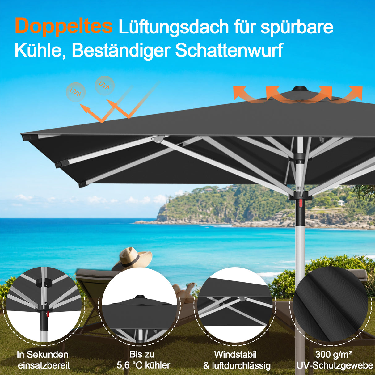Patioslife Sonnenschirm – quadratisch & rund | Robuster Aluminiummast, doppelt belüftetes Schirmdach | 2,7 m, 3 m & 3,35 m