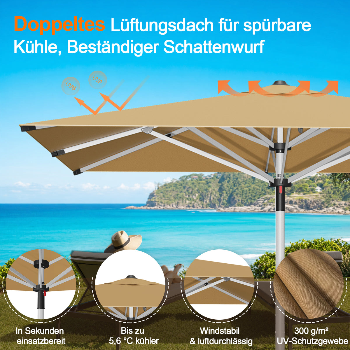 Patioslife Sonnenschirm – quadratisch & rund | Robuster Aluminiummast, doppelt belüftetes Schirmdach | 2,7 m, 3 m & 3,35 m