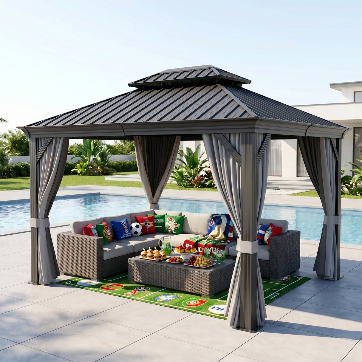 Patioslife Haven Pergola – Aluminium, Doppelbelüftung & Entwässerung – Elegantes Design mit Vorhängen für Terrasse