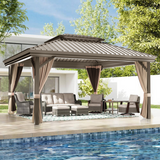 Patioslife Haven，Gazebo，Hardtop，Aluminum Frame，Ventilated Roof，Curtains，Brown Finish，Outdoor Shelter，Backyard Pergola，Garden Pavilion，Outdoor Entertaining，Weatherproof，Sunshade & Rain Protection，Modern Outdoor Furniture，Luxury Patio Structure，Contemporary Design，Premium Outdoor Living
