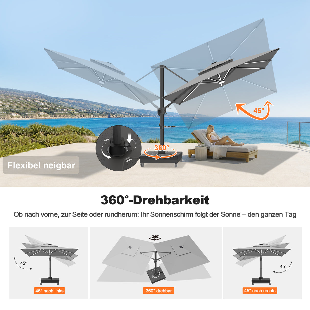 Patioslife Aegis Signature Drehbarer Ampelschirm mit verstellbarem Neigungswinkel | Großer Sonnenschirm für Garten, Terrasse & Poolbereich | Inkl. Premium-Schutzhülle