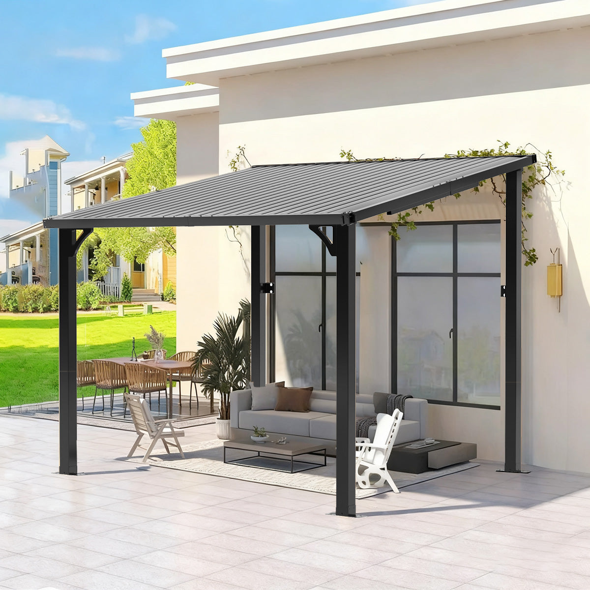 Patioslife Haven™ Hardtop-Pavillon aus Aluminium – wandmontiert mit festem Dach, für Garten und Terrasse