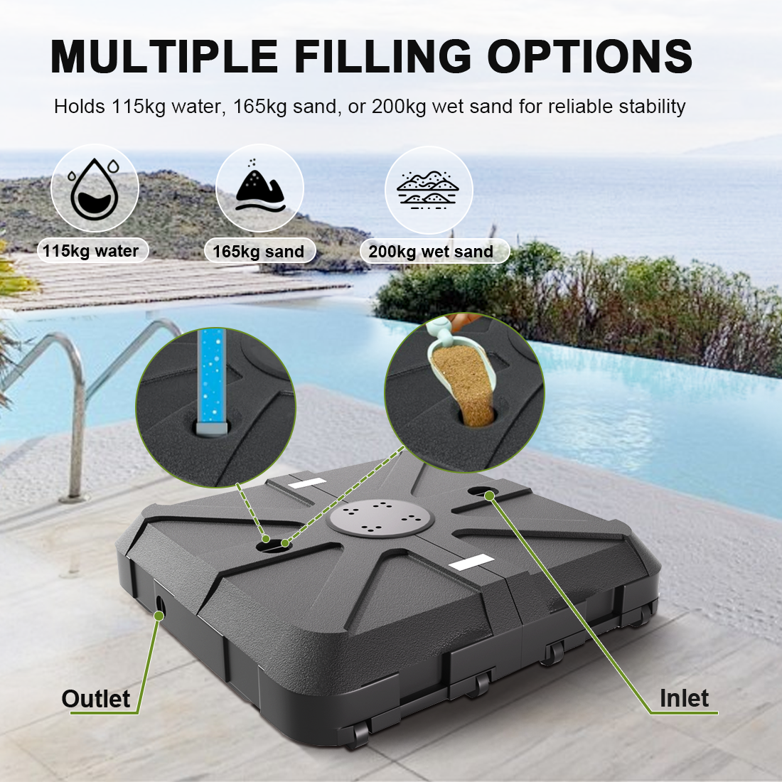 Patioslife，Umbrella Wheels Base，115–200kg Capacity，Heavy-Duty Outdoor Stand，Refillable HDPE Weights，Patio Umbrella Base，Garden Parasol Stand，Poolside Stability Support，Weather-Resistant，Durable Construction，Easy Mobility，Lockable Wheels，Modern Outdoor Furniture，Luxury Patio Accessory，Contemporary Design，Premium Outdoor Living