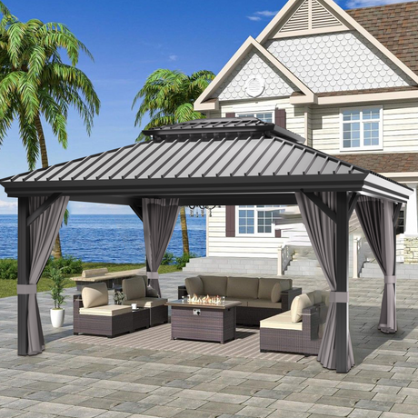 Patioslife Haven Pergola – Aluminium-Pavillon mit doppeltem Belüftungsdach & Entwässerungssystem – Elegantes Design mit Vorhängen für die Terrasse