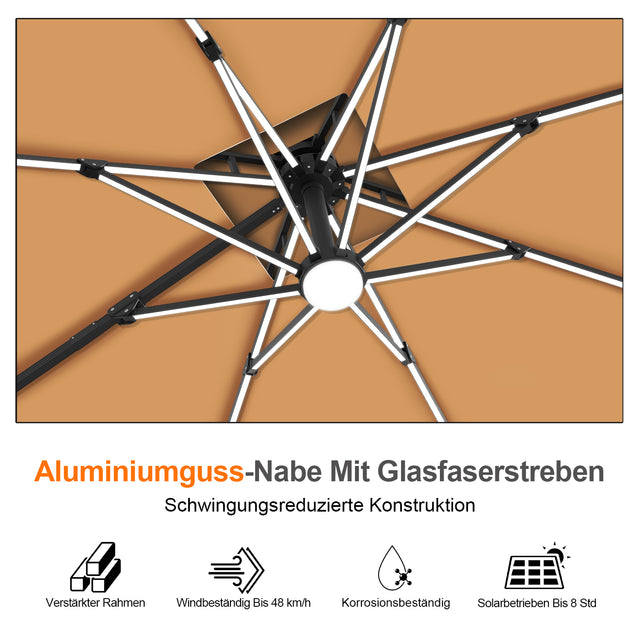 Patioslife Aegis Premium Ampelschirm mit integrierter LED-Beleuchtung, Fiberglasstreben, pulverbeschichtetem Aluminiumgestell und Schutzhülle