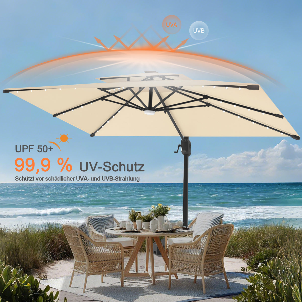 Patioslife Aegis Pro Ampelschirm – rechteckig, mit integrierter LED-Beleuchtung, Metall-Kreuzfuß & verstärktem Aluminiumgestell