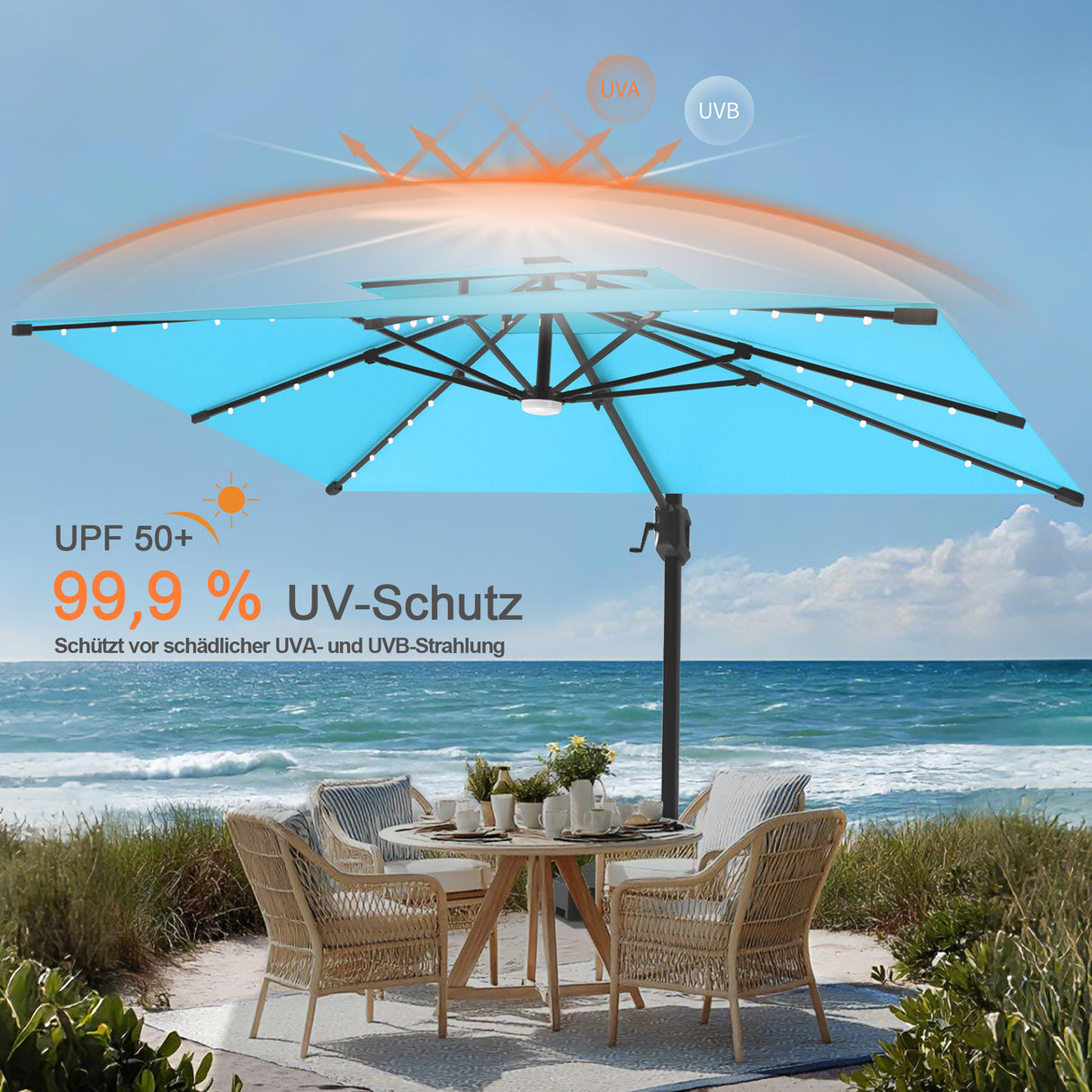 Patioslife Aegis Pro Ampelschirm – rechteckig, mit integrierter LED-Beleuchtung, Metall-Kreuzfuß & verstärktem Aluminiumgestell