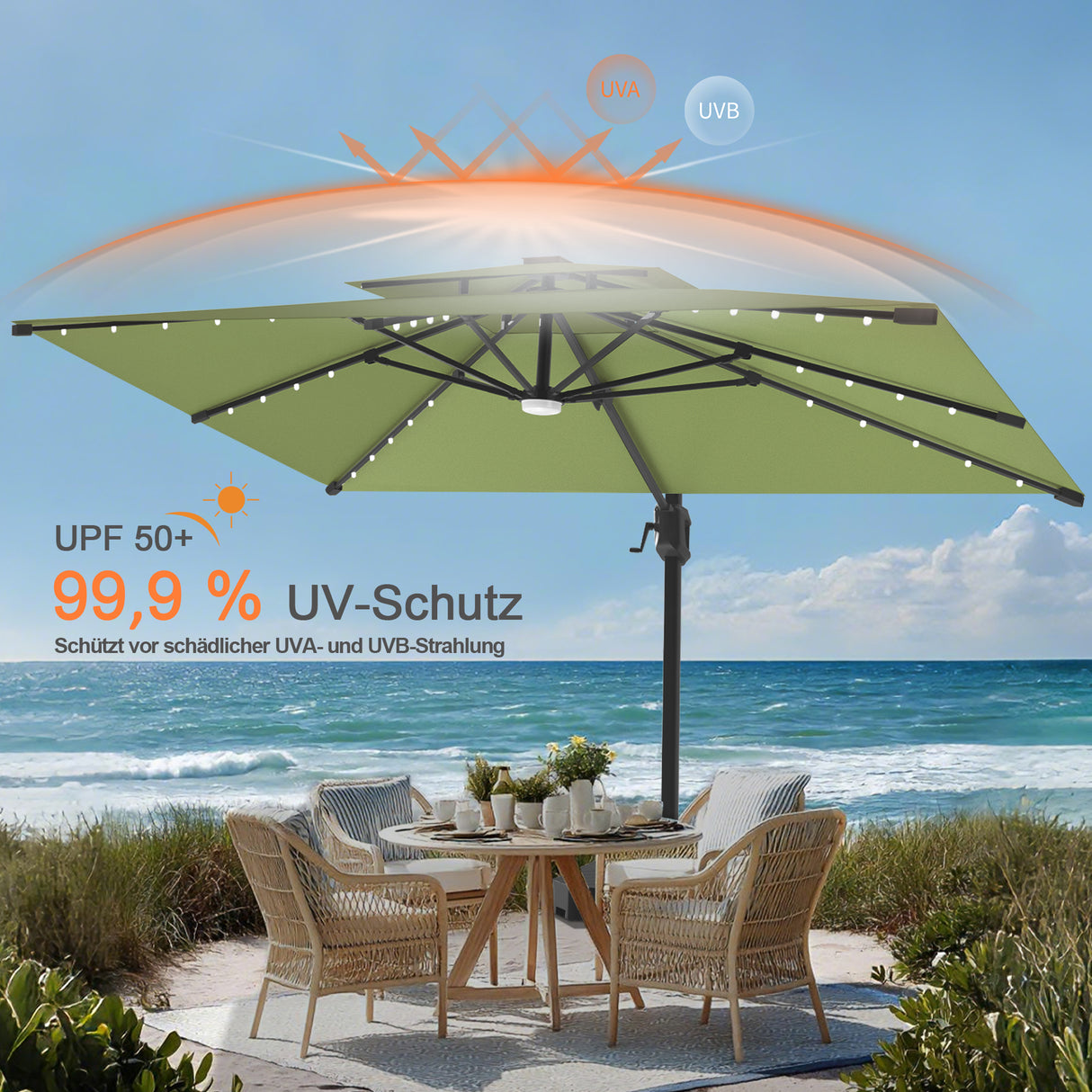 Patioslife Aegis Pro Ampelschirm – rechteckig, mit integrierter LED-Beleuchtung, Metall-Kreuzfuß & verstärktem Aluminiumgestell