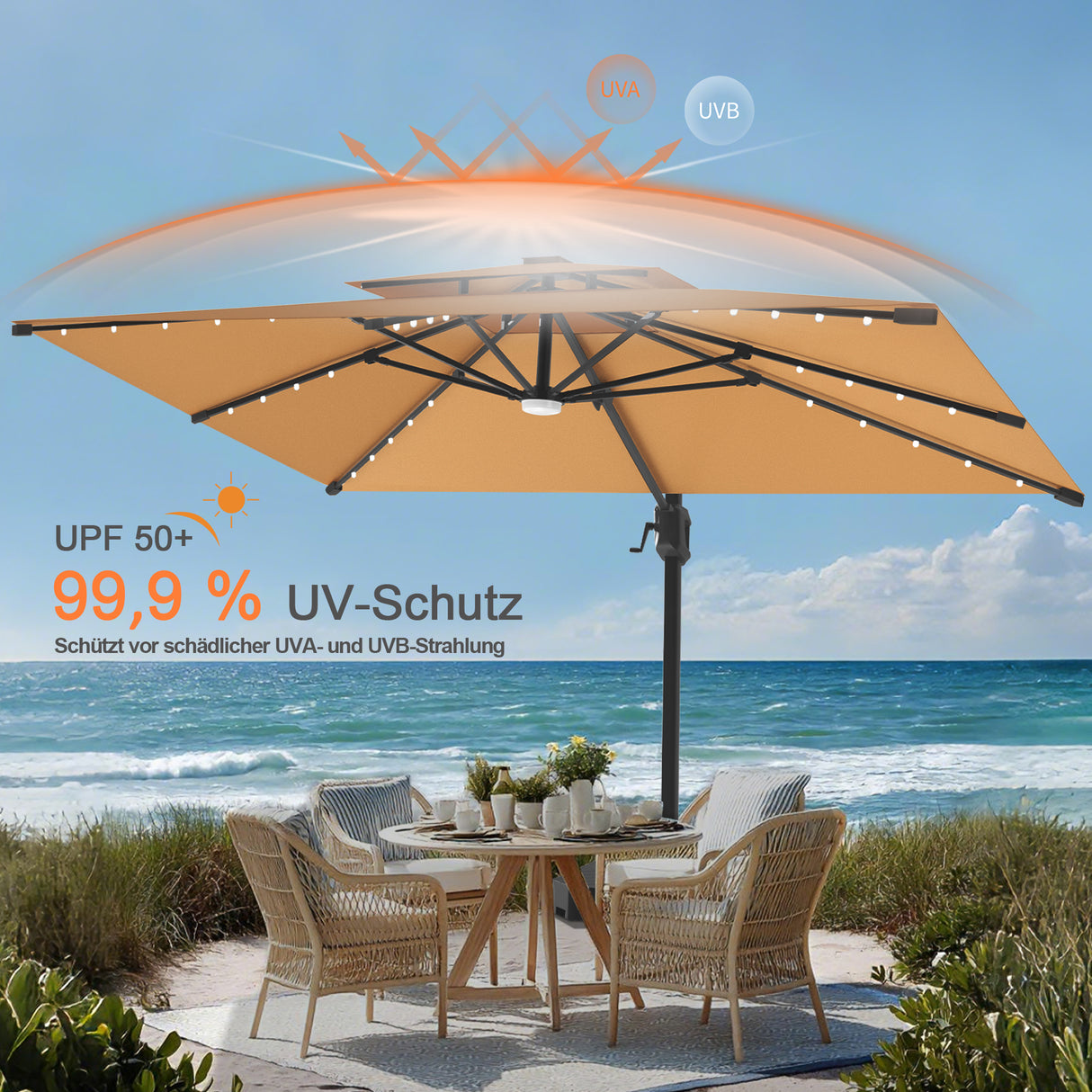 Patioslife Aegis Pro Ampelschirm – rechteckig, mit integrierter LED-Beleuchtung, Metall-Kreuzfuß & verstärktem Aluminiumgestell