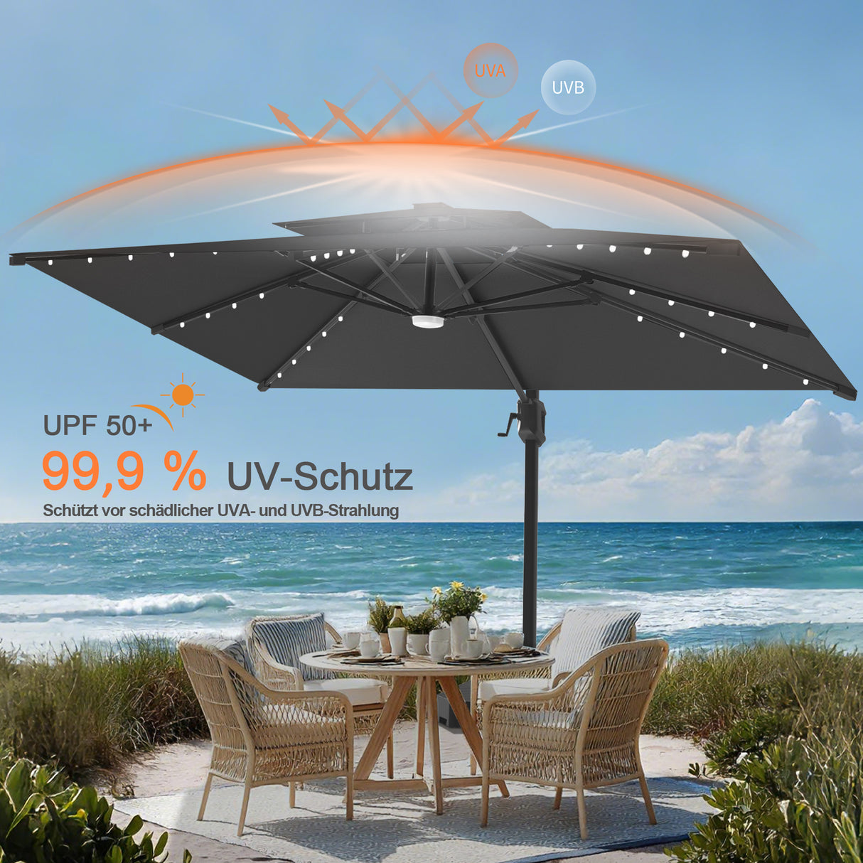 Patioslife Aegis Pro Ampelschirm – rechteckig, mit integrierter LED-Beleuchtung, Metall-Kreuzfuß & verstärktem Aluminiumgestell
