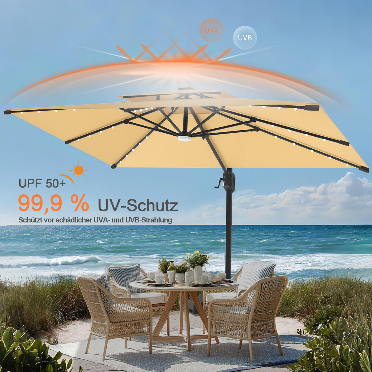 Patioslife Aegis Pro Ampelschirm – rechteckig, mit integrierter LED-Beleuchtung, Metall-Kreuzfuß & verstärktem Aluminiumgestell