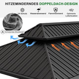 Patioslife Luxury Haven Hardtop-Pavillon aus Aluminium – 12x12 cm starke Pfosten, integrierte Entwässerung & doppelt belüftetes Dach mit Vorhängen