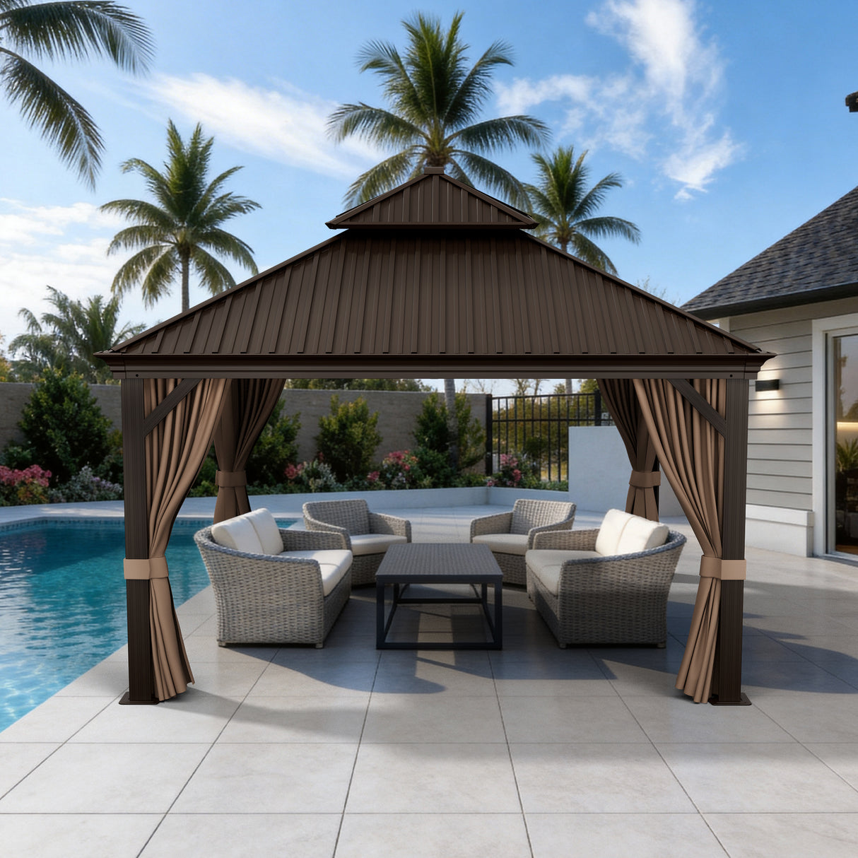 Patioslife Luxury Haven Hardtop-Pavillon aus Aluminium – 12x12 cm starke Pfosten, integrierte Entwässerung & doppelt belüftetes Dach mit Vorhängen