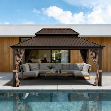 Patioslife Luxury Haven Hardtop-Pavillon aus Aluminium – 12x12 cm starke Pfosten, integrierte Entwässerung & doppelt belüftetes Dach mit Vorhängen