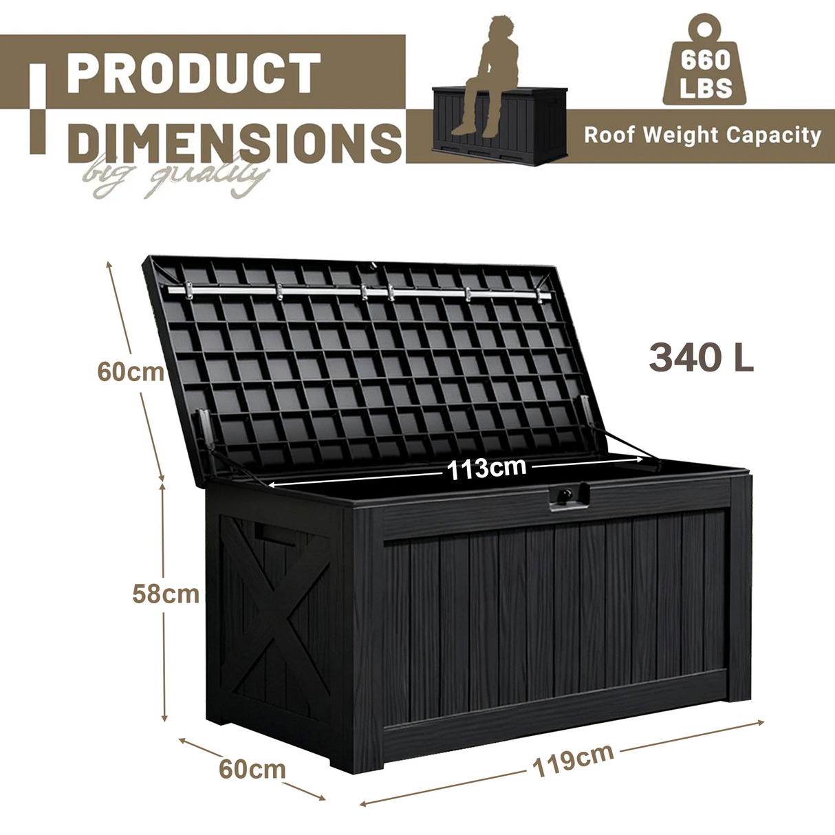 Kunstharz-Aufbewahrungsbox – groß, wetterfest, UV-beständig und abschließbar, für Polster, Gartengeräte und Poolzubehör