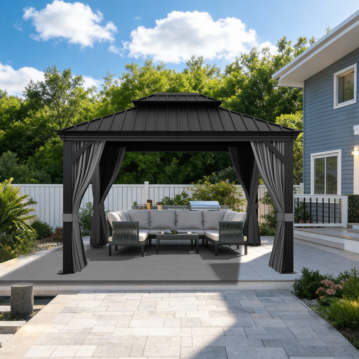 Patioslife Haven Gartenpavillon – Outdoor-Lounge mit Doppelbelüftung & Sichtschutzvorhängen – Eleganz & Komfort