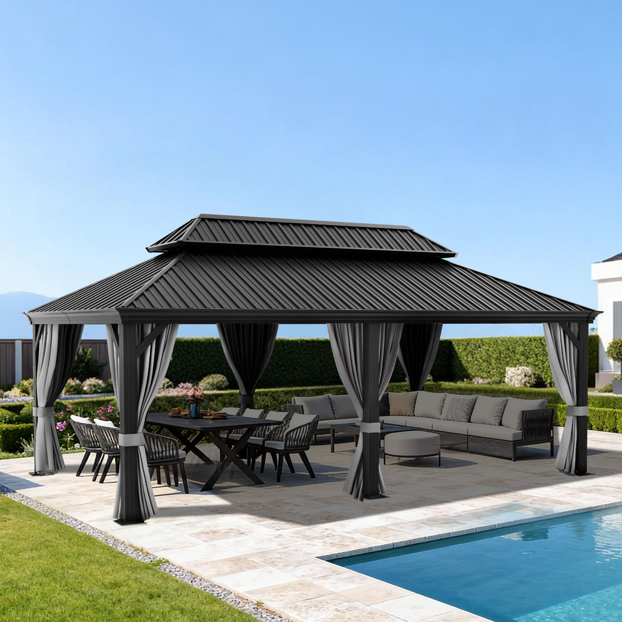 Patioslife Luxury Haven Hardtop-Pavillon aus Aluminium – 12x12 cm starke Pfosten, integrierte Entwässerung & doppelt belüftetes Dach mit Vorhängen