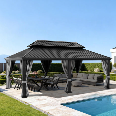 Patioslife Luxury Haven Hardtop-Pavillon aus Aluminium – 12x12 cm starke Pfosten, integrierte Entwässerung & doppelt belüftetes Dach mit Vorhängen
