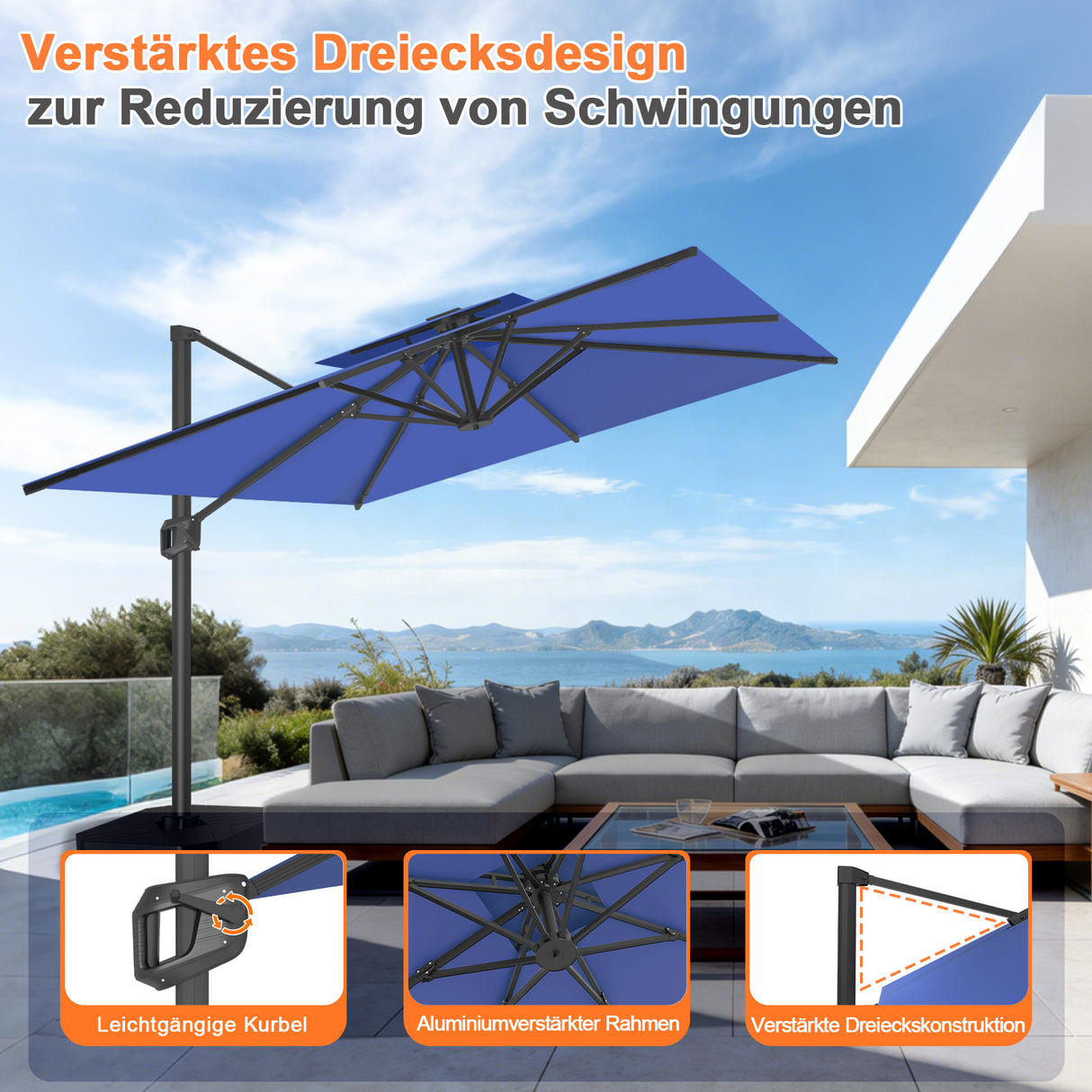 Patioslife Aegis Pro Ampelschirm -moderner Sonnenschirm mit Kreuzfuß und verstärktem Aluminiumgestell für Garten und Terrasse.