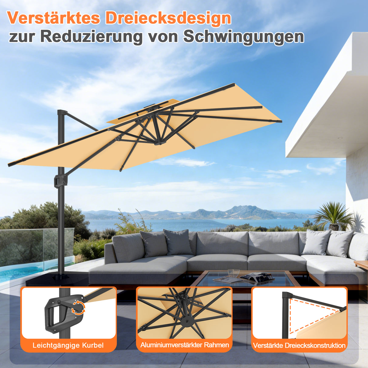 Patioslife Aegis Pro Ampelschirm -moderner Sonnenschirm mit Kreuzfuß und verstärktem Aluminiumgestell für Garten und Terrasse.