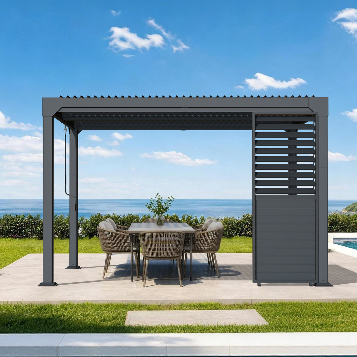 Patioslife Atlantic Series Pergola-Seitenwand aus Aluminium mit verstellbaren Lamellen – Sicht-, Sonnen- und Windschutz
