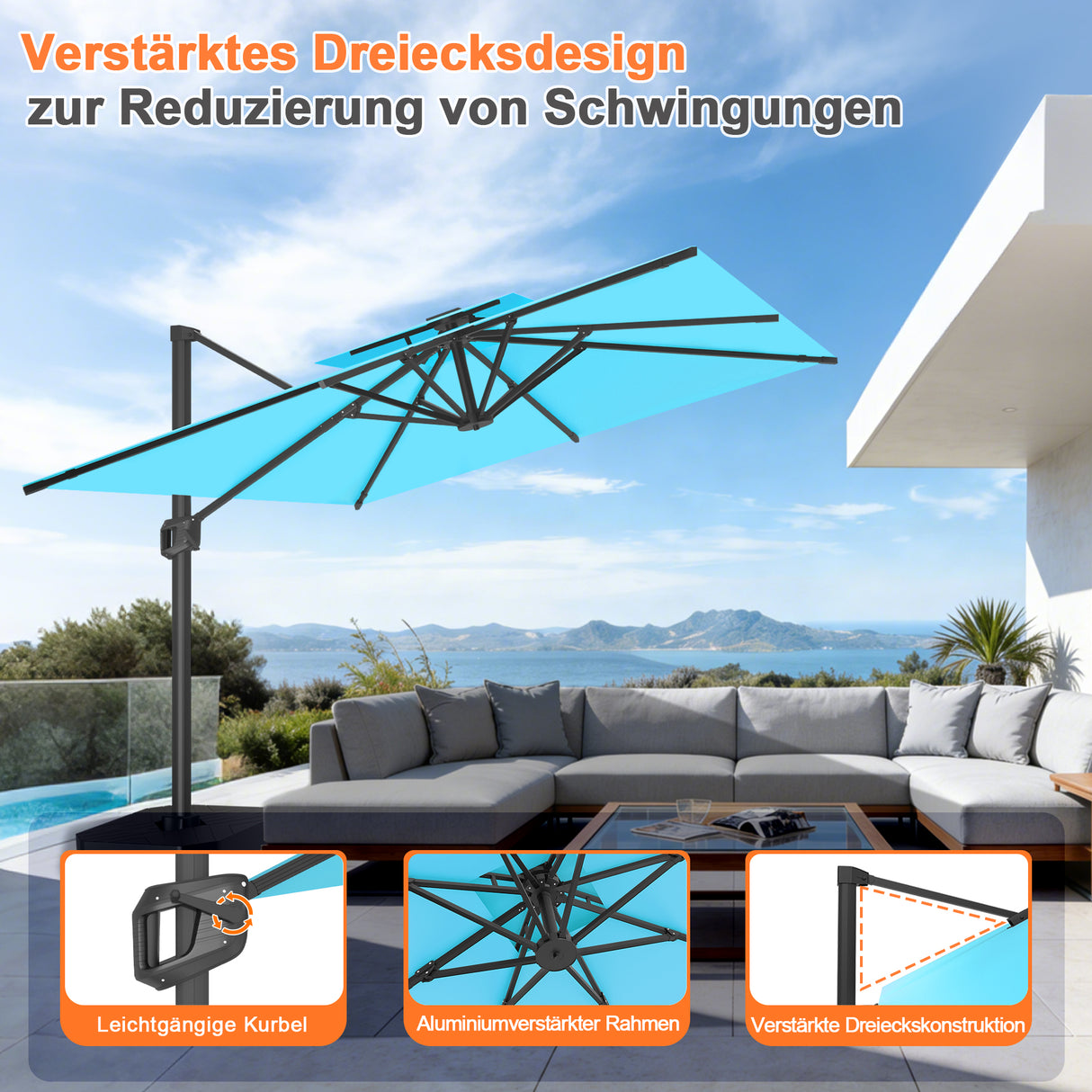 Patioslife Aegis Pro Ampelschirm -moderner Sonnenschirm mit Kreuzfuß und verstärktem