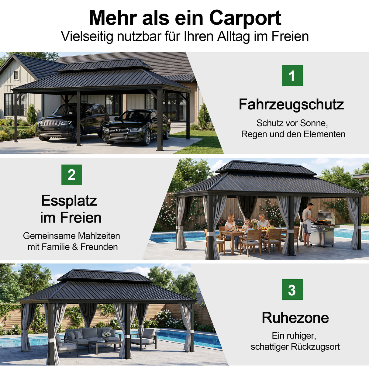 Patioslife Aluminium-Carport mit Stahldach – Wetterfester Fahrzeug-Unterstand für Auto, Motorrad & Wohnmobil